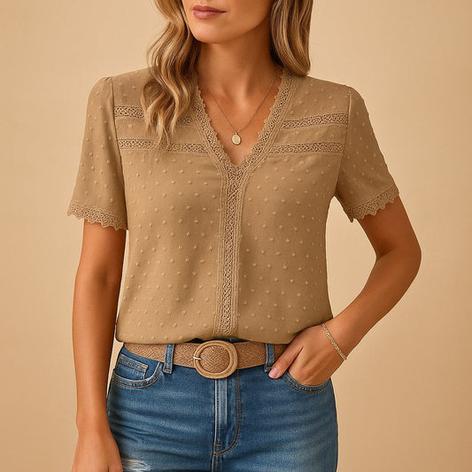 Lace-Trimmed Textured V-Neck Blouse