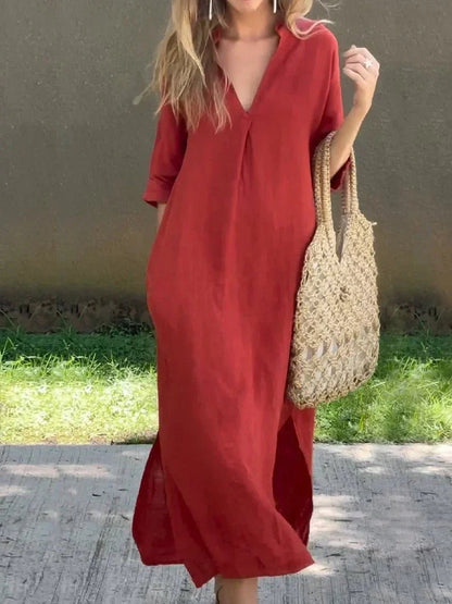 Breezy V-Neck Linen-Cotton Maxi Dress