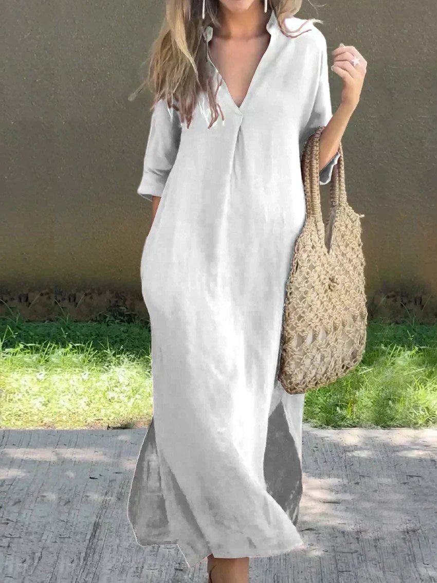 Breezy V-Neck Linen-Cotton Maxi Dress