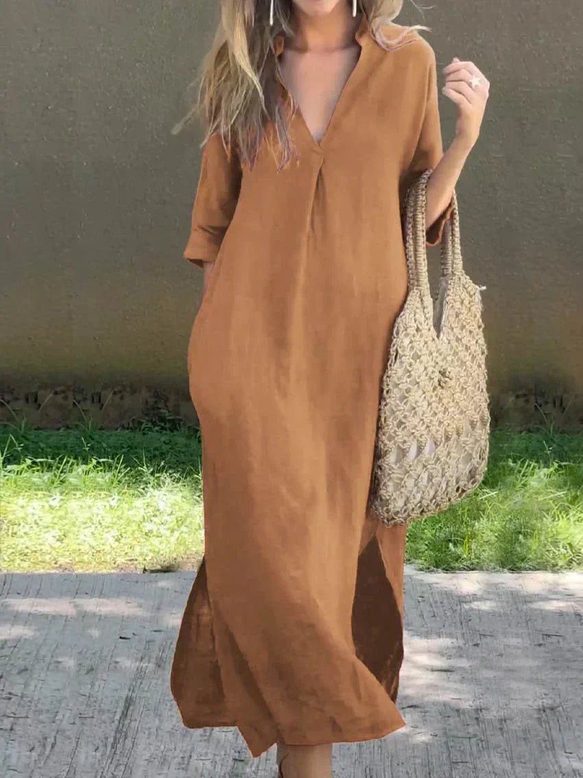Breezy V-Neck Linen-Cotton Maxi Dress