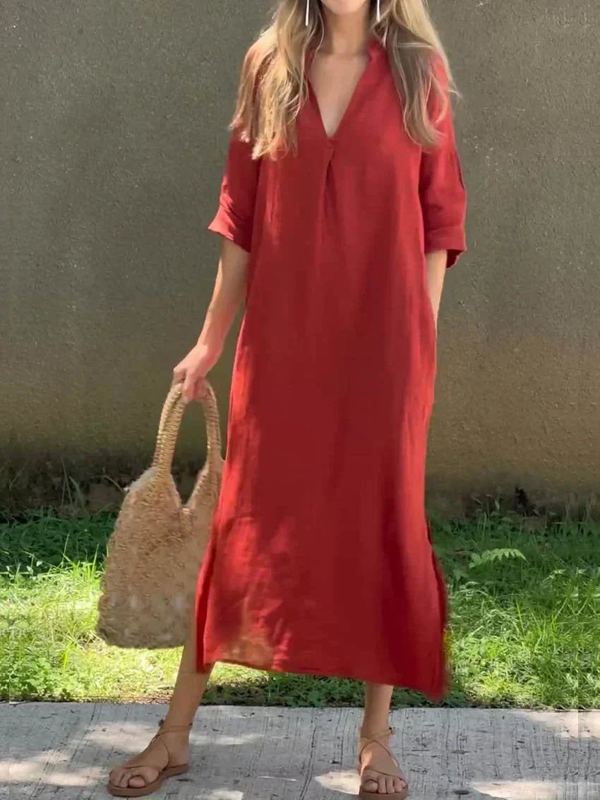 Breezy V-Neck Linen-Cotton Maxi Dress