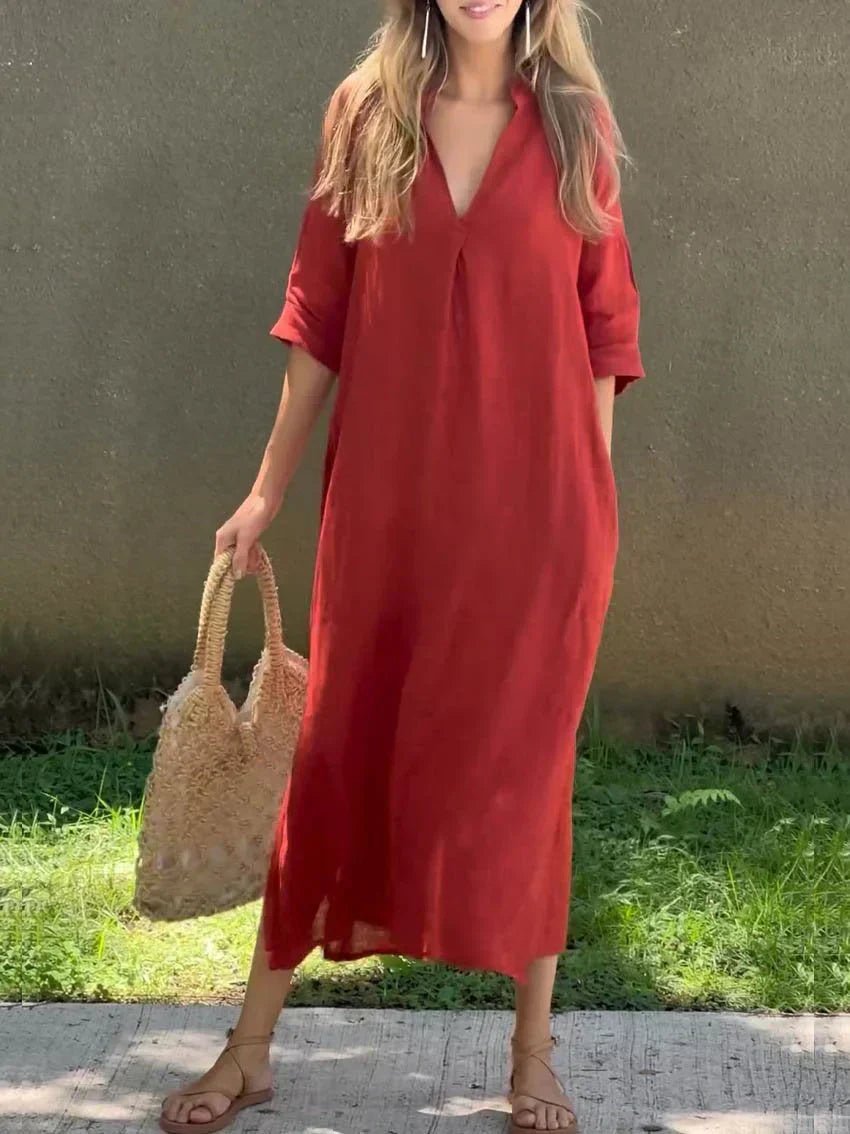 Breezy V-Neck Linen-Cotton Maxi Dress