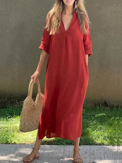 Breezy V-Neck Linen-Cotton Maxi Dress