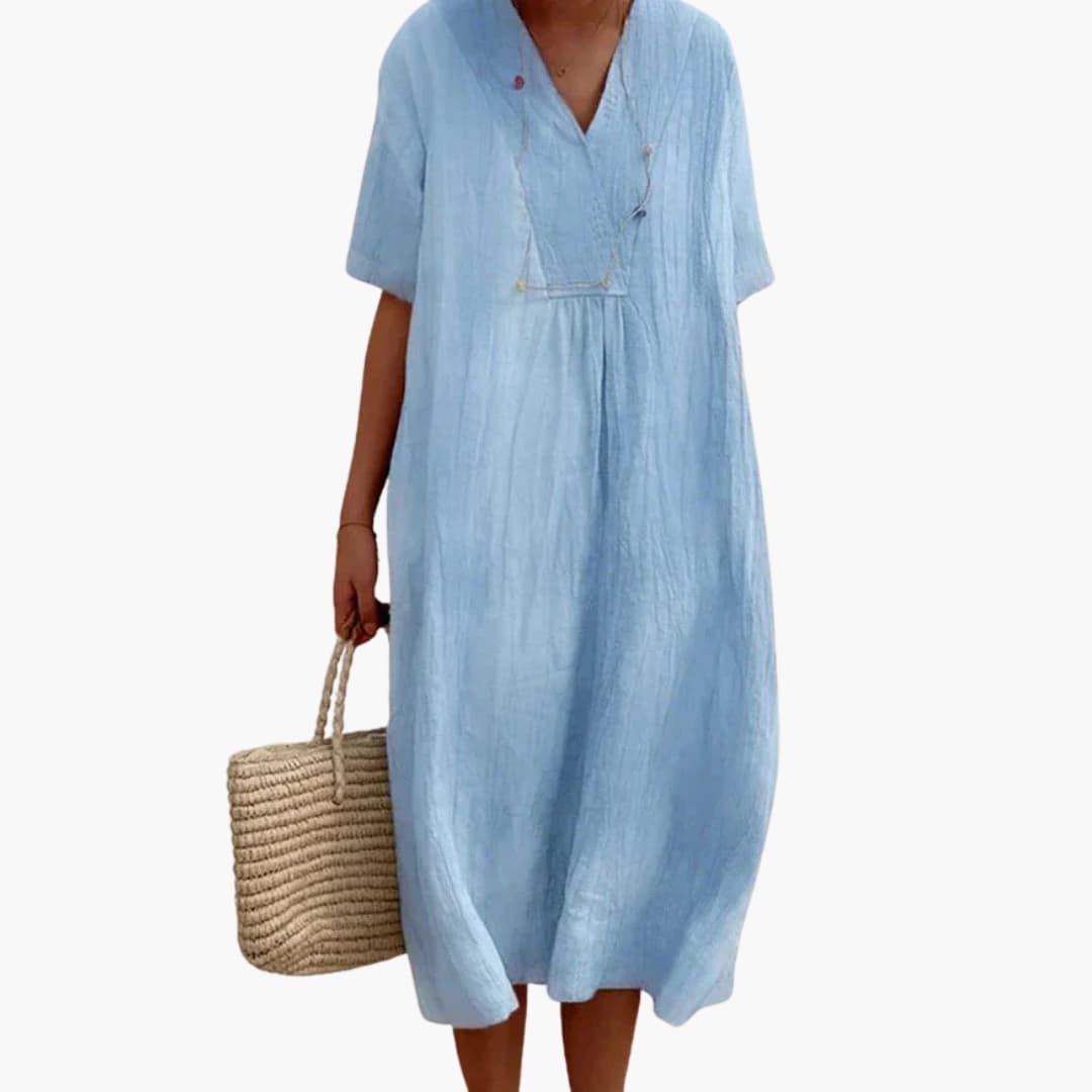 Relaxed V-Neck Linen Midi Dress