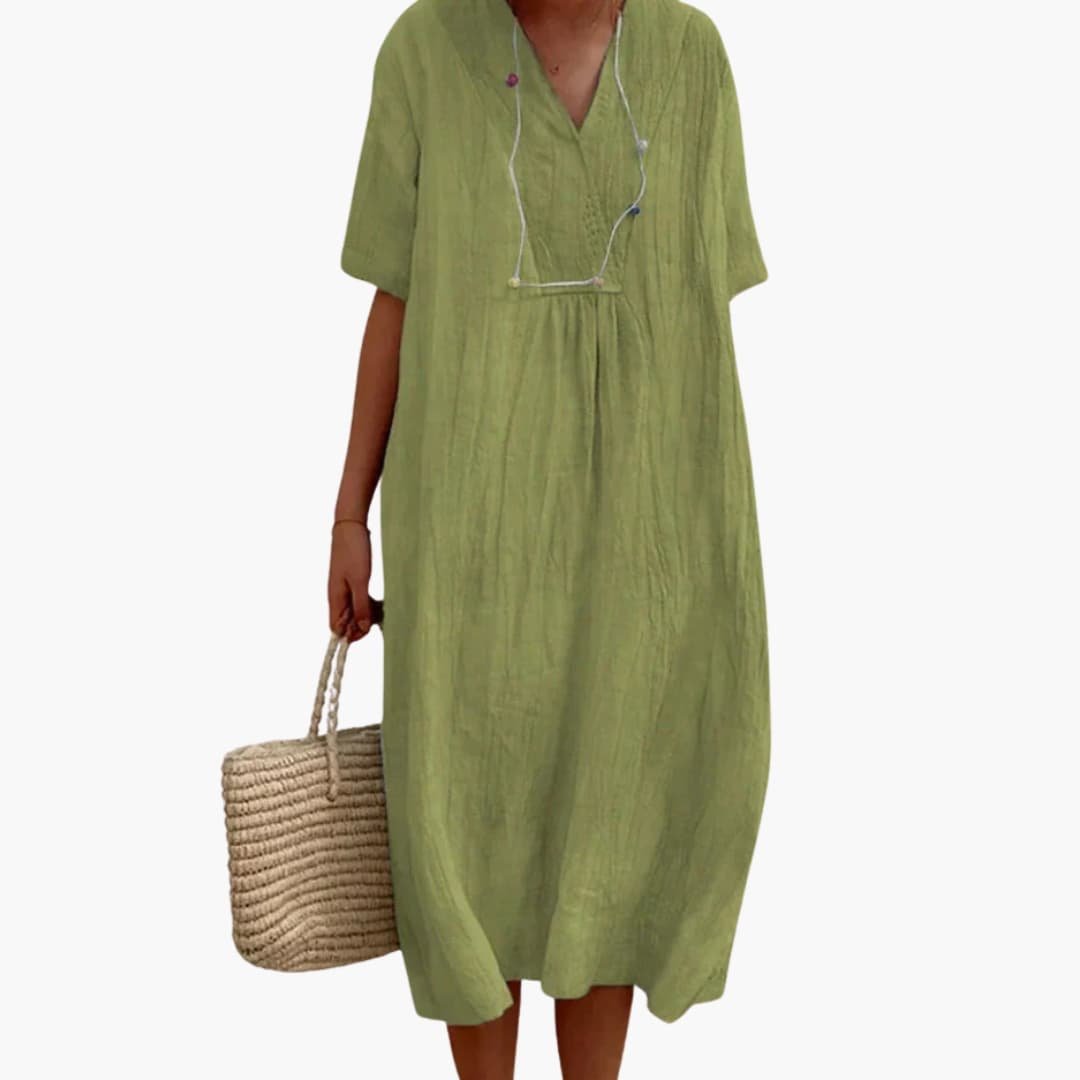 Relaxed V-Neck Linen Midi Dress