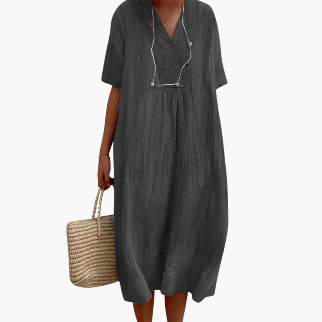 Relaxed V-Neck Linen Midi Dress