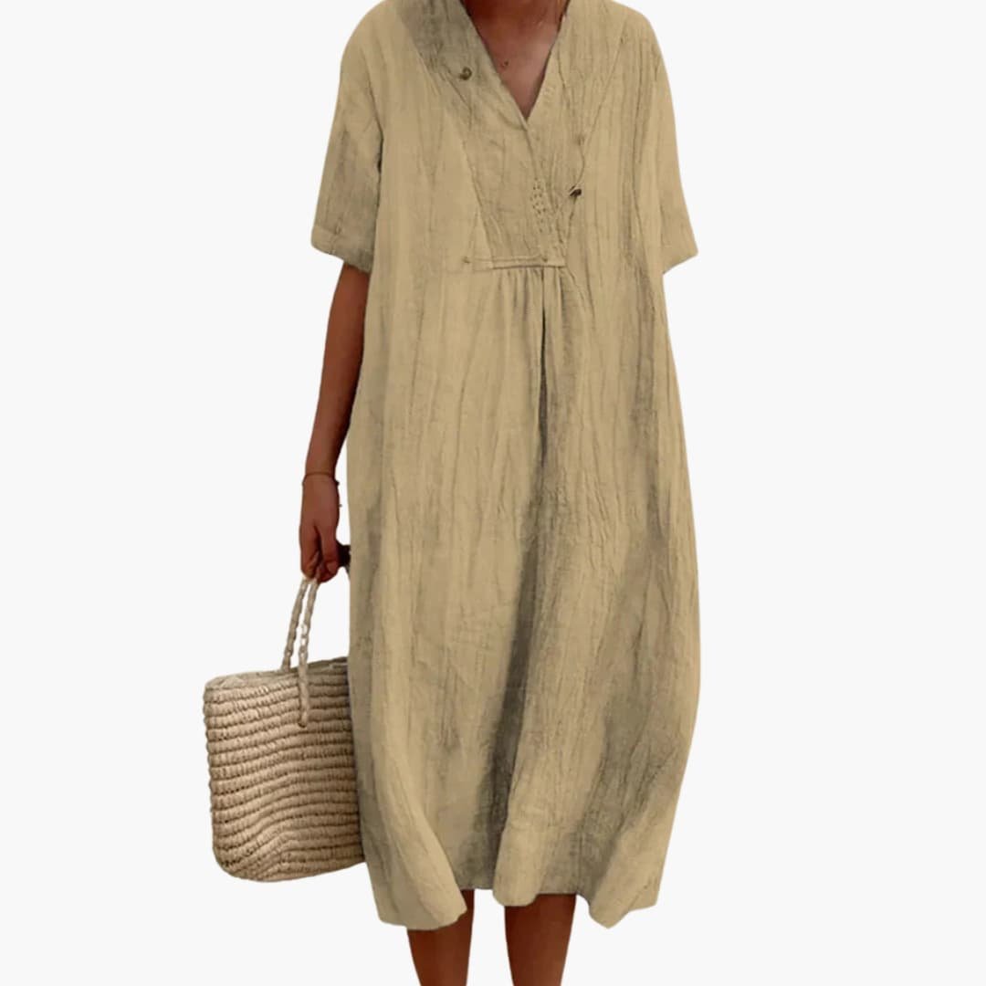 Relaxed V-Neck Linen Midi Dress