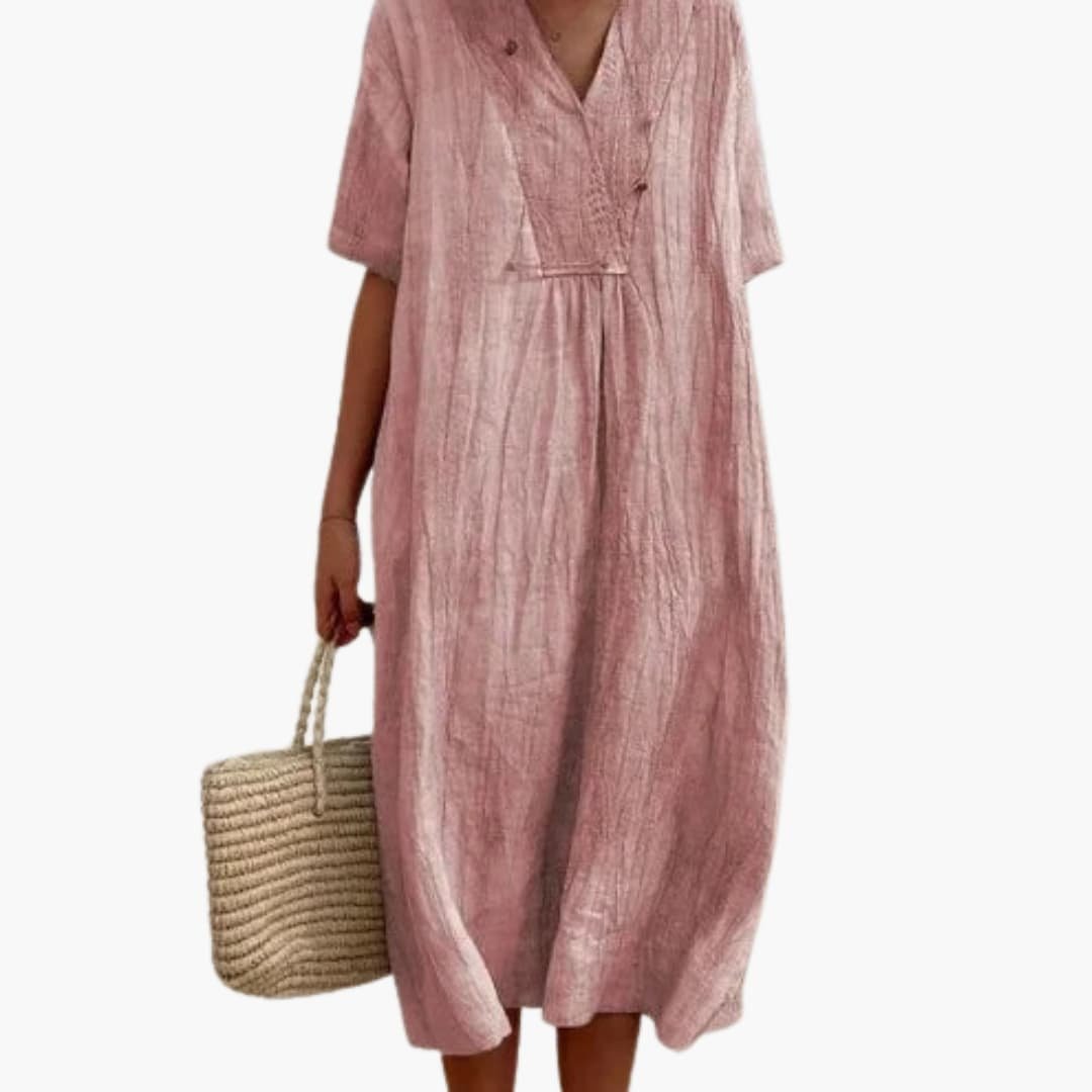 Relaxed V-Neck Linen Midi Dress