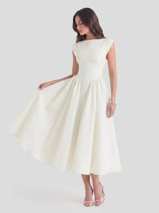 Boat Neck Satin Flared Midi Dress