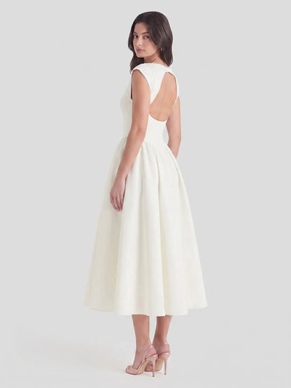 Boat Neck Satin Flared Midi Dress