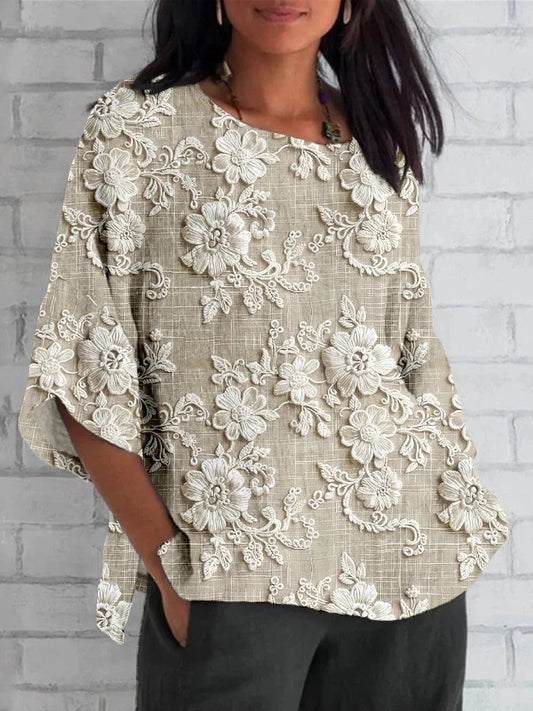 Floral Print Relaxed Blouse with Lace Trim