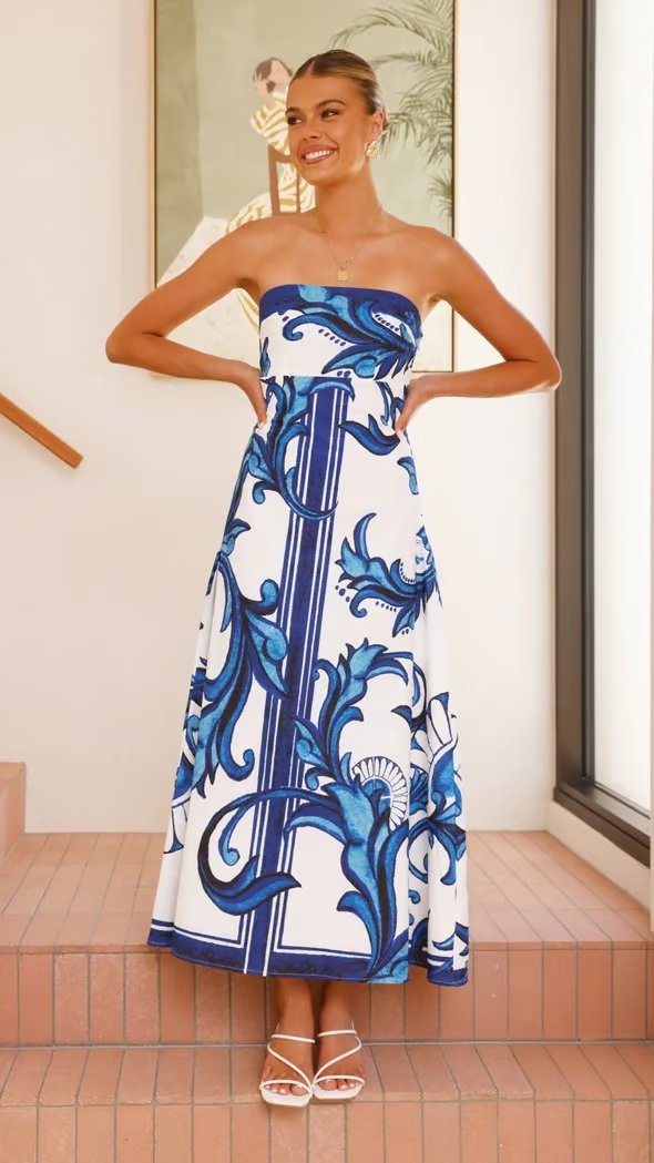 Boho Print Strapless Maxi Dress