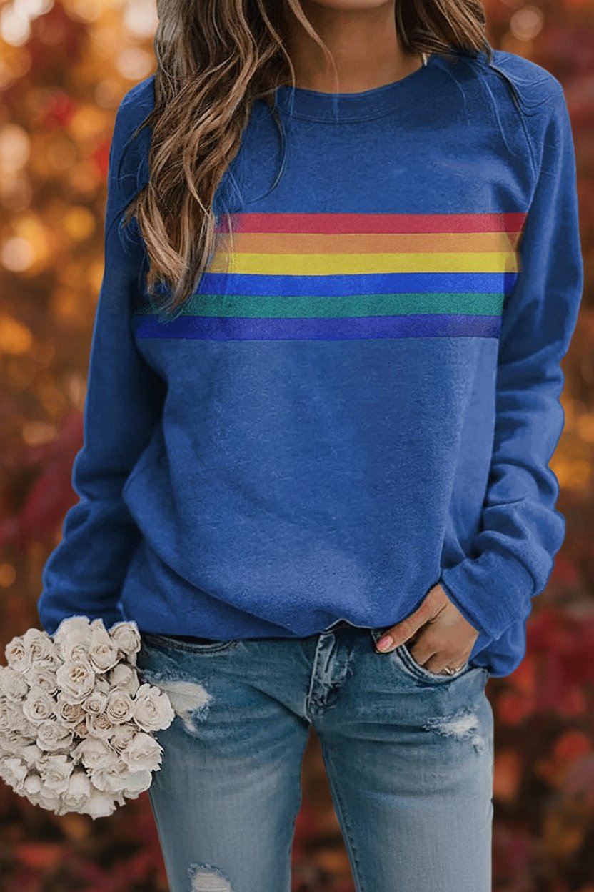 Vintage Rainbow Stripe Relaxed Crew Neck Sweatshirt
