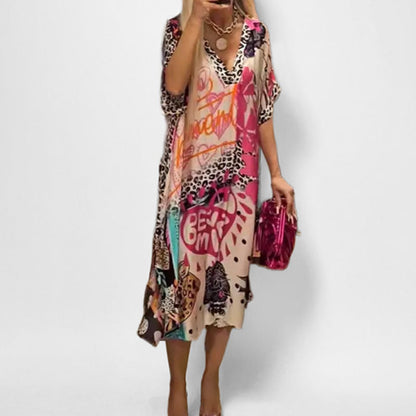 Graphic Print V-Neck Flared Tunic Top