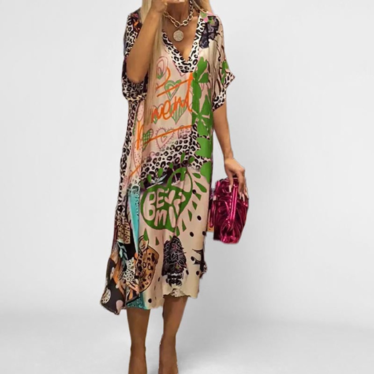 Graphic Print V-Neck Flared Tunic Top