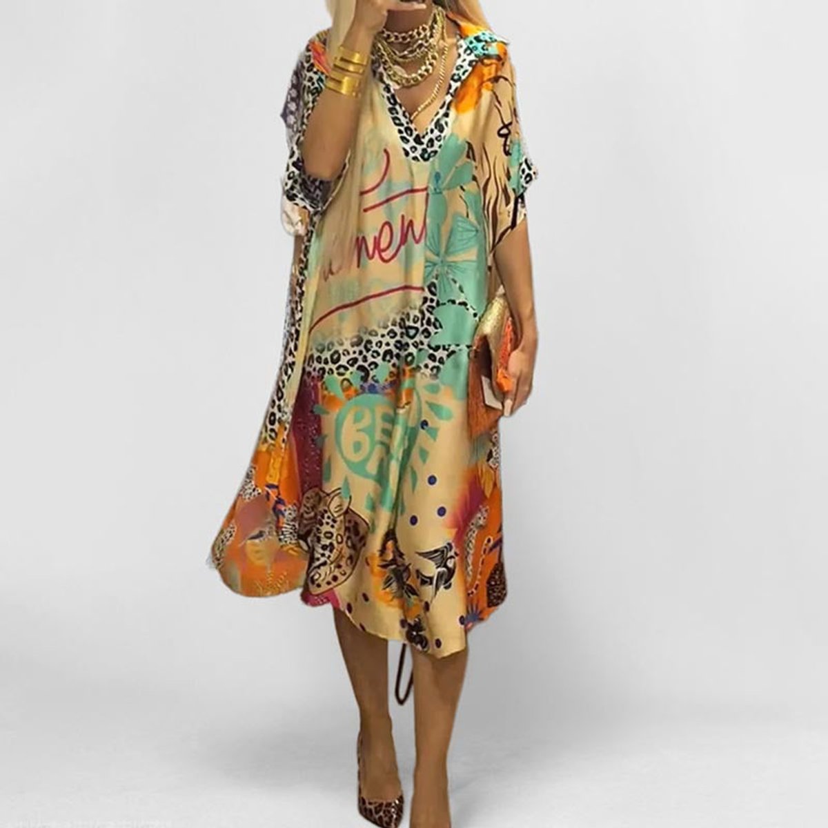 Graphic Print V-Neck Flared Tunic Top
