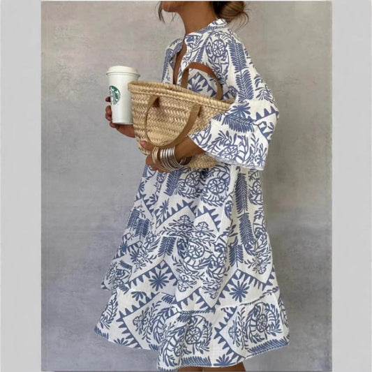Flared Mediterranean Print Tunic Dress