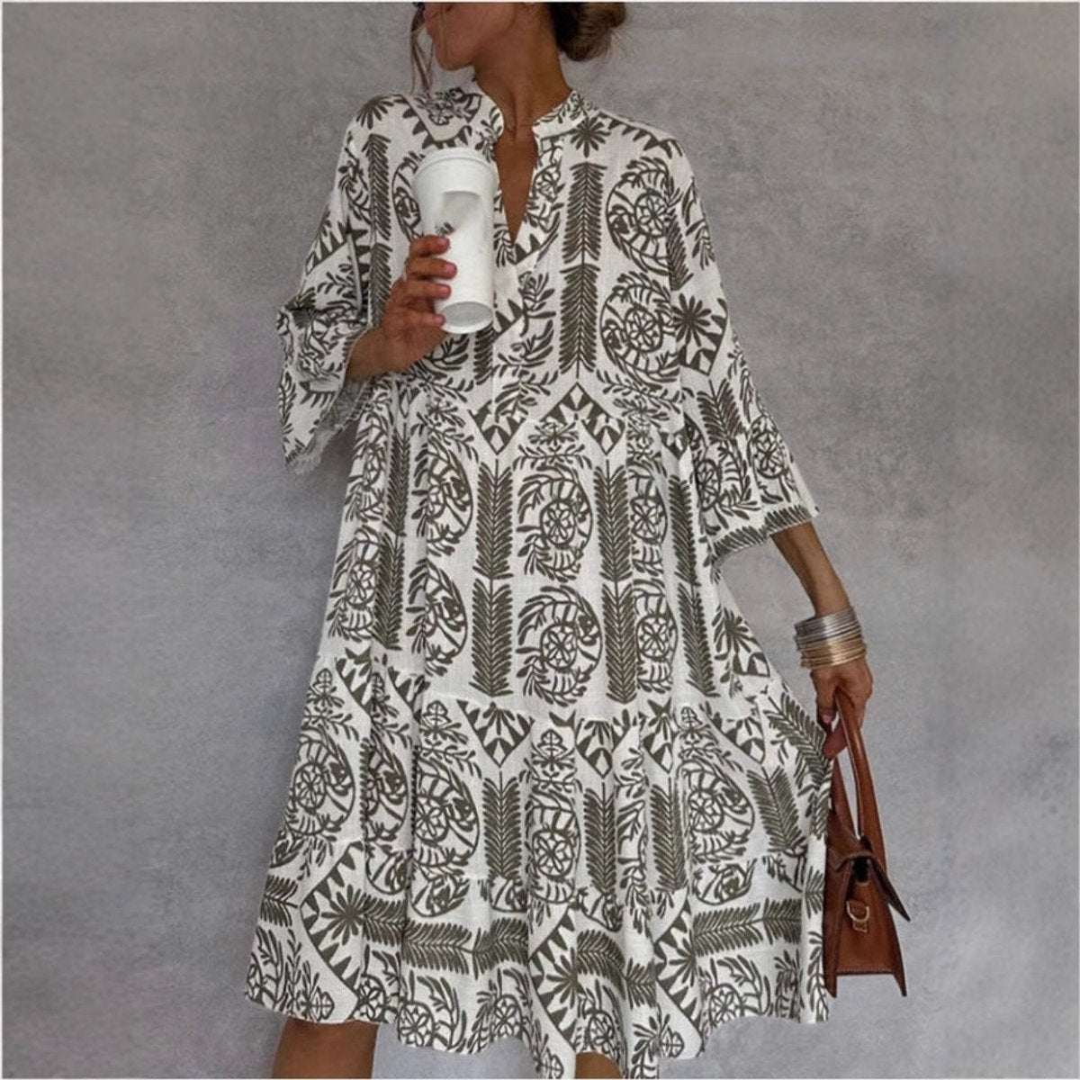 Flared Mediterranean Print Tunic Dress