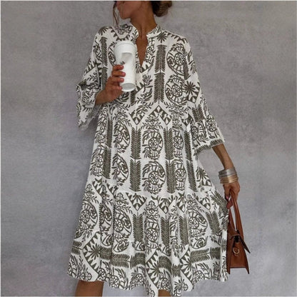 Flared Mediterranean Print Tunic Dress