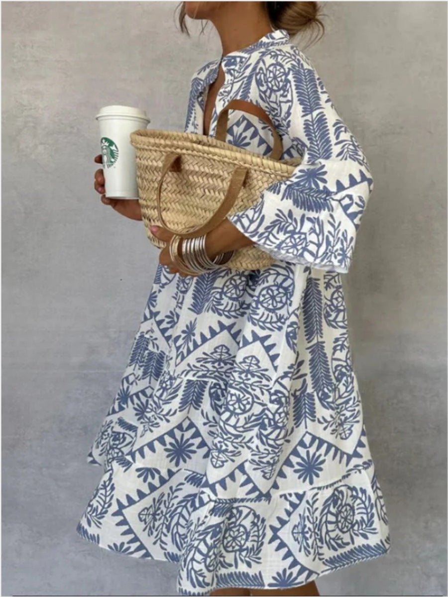 Flared Mediterranean Print Tunic Dress