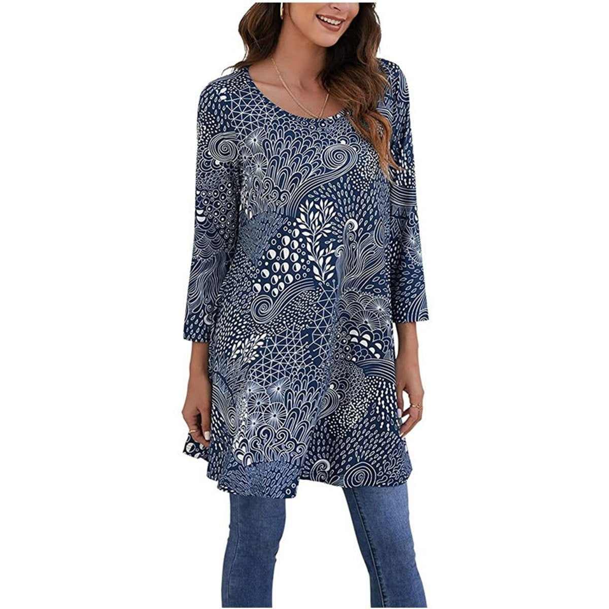 Mandala Print Three-Quarter Sleeve A-Line Tunic Top