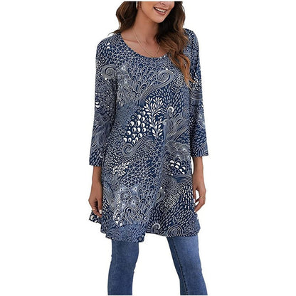 Mandala Print Three-Quarter Sleeve A-Line Tunic Top