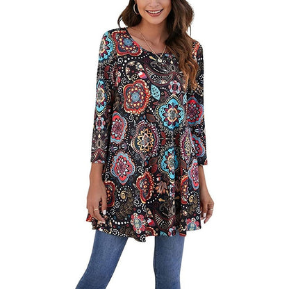 Mandala Print Three-Quarter Sleeve A-Line Tunic Top