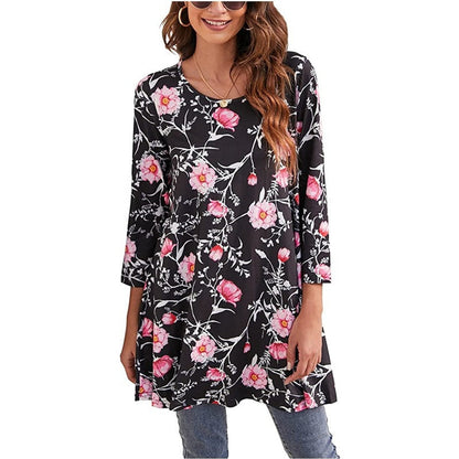 Mandala Print Three-Quarter Sleeve A-Line Tunic Top