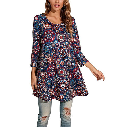 Mandala Print Three-Quarter Sleeve A-Line Tunic Top