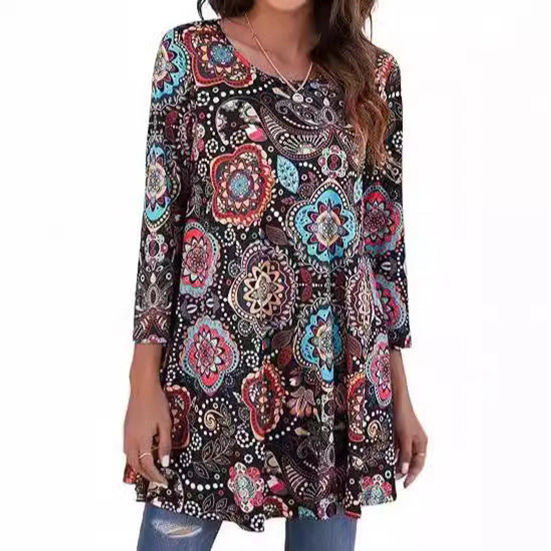 Mandala Print Three-Quarter Sleeve A-Line Tunic Top
