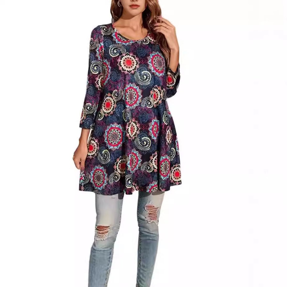 Mandala Print Three-Quarter Sleeve A-Line Tunic Top