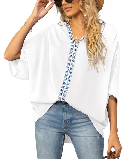 Boho Embroidered V-Neck Tunic Top