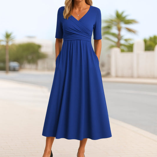 Short Sleeve Crossover Midi Dress with Pockets