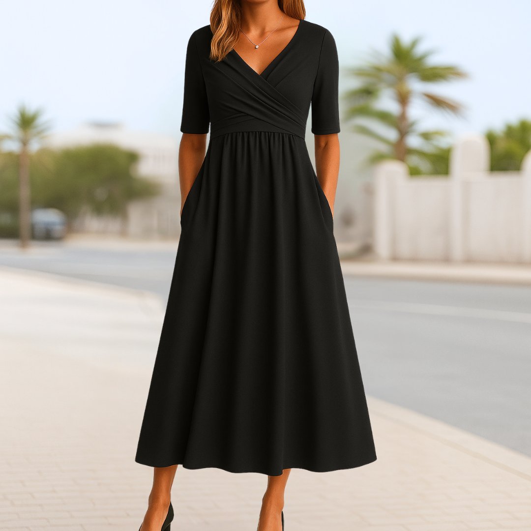 Short Sleeve Crossover Midi Dress with Pockets