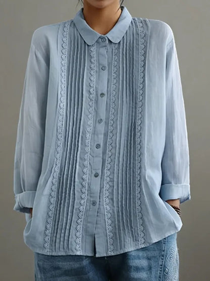 Lace-Detail Pleated Long-Sleeve Blouse