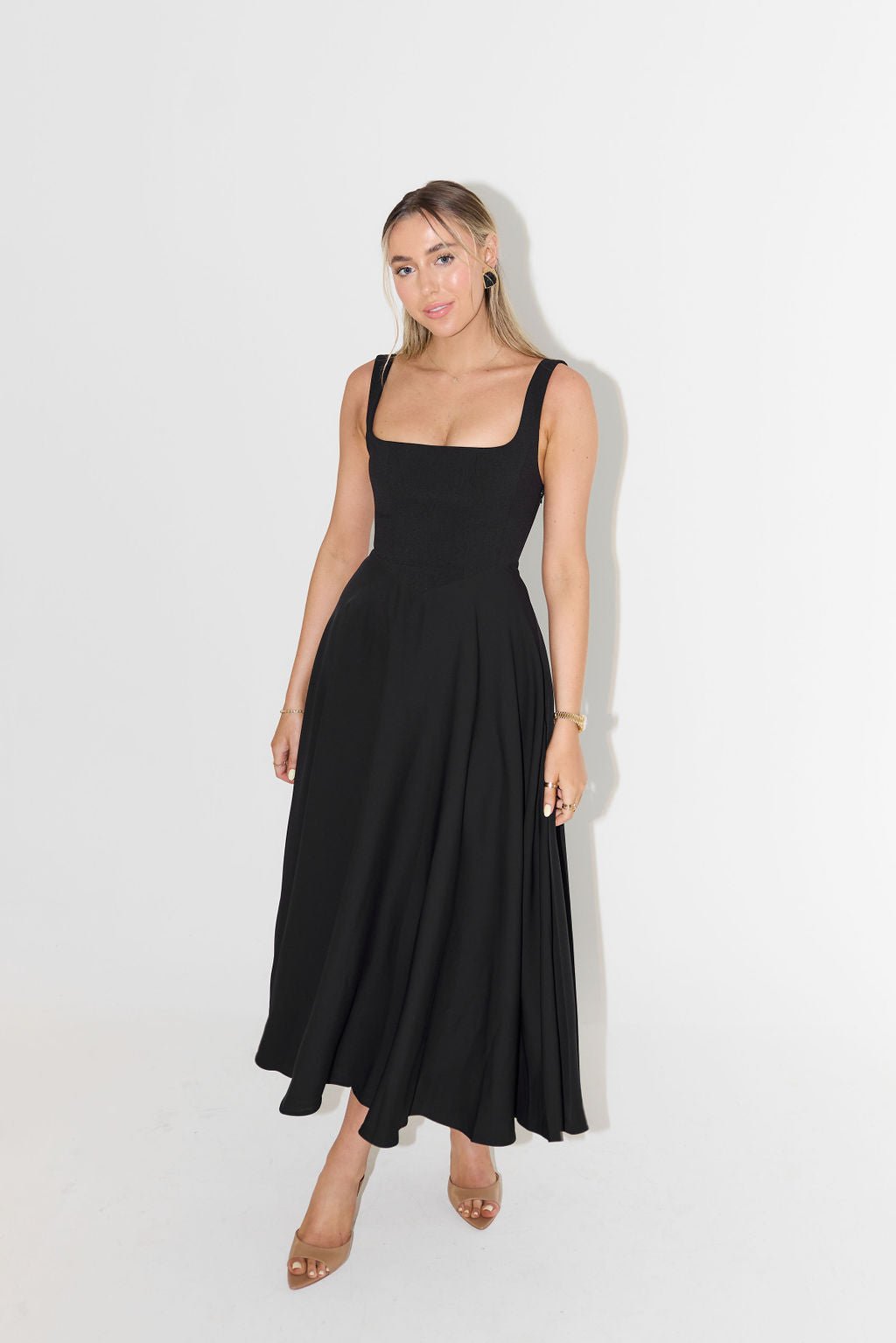 White Square Neck A-Line Midi Dress