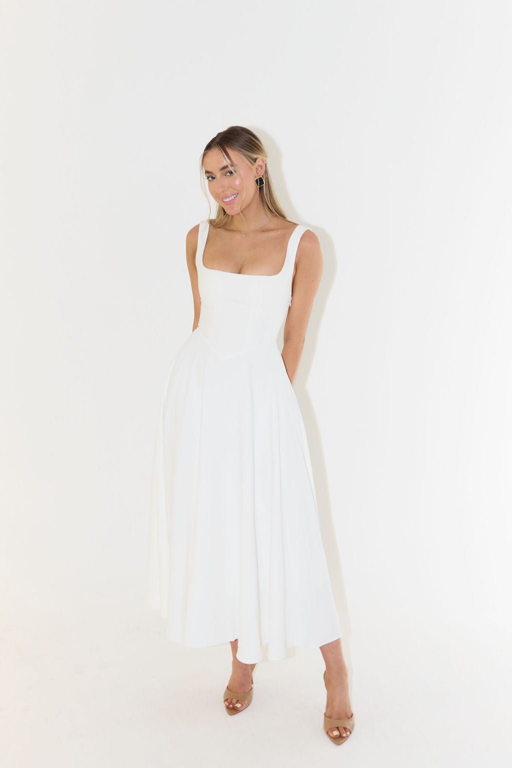White Square Neck A-Line Midi Dress