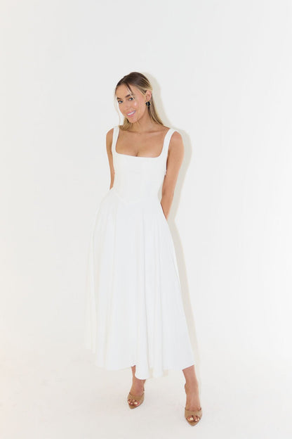 White Square Neck A-Line Midi Dress