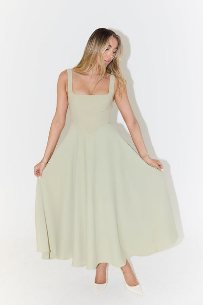 White Square Neck A-Line Midi Dress