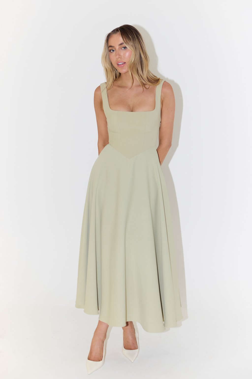 White Square Neck A-Line Midi Dress