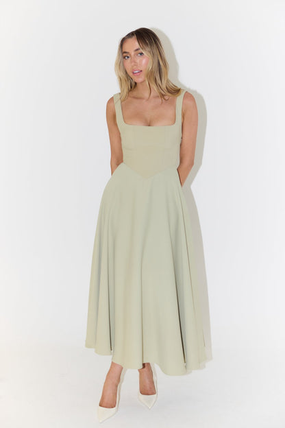 White Square Neck A-Line Midi Dress