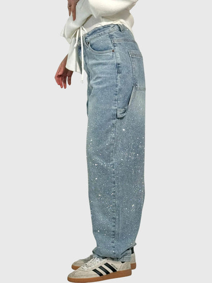 Rhinestone Detail Wide-Leg Jeans