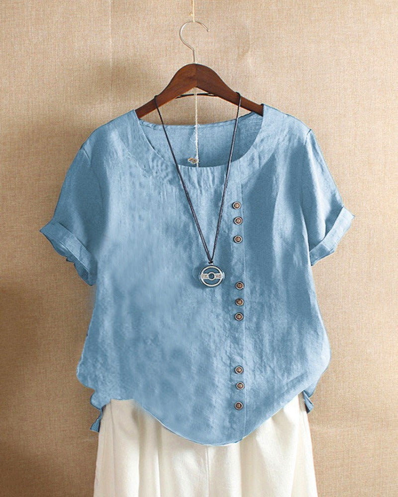 Short-Sleeve Linen Blouse with Decorative Buttons