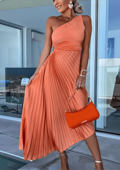 Women's One-Shoulder Pleated Evening Maxi Dress