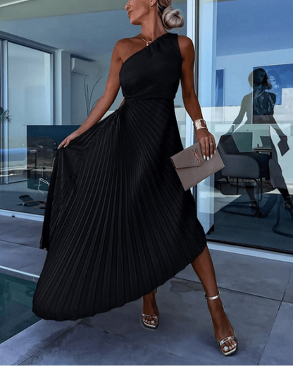 Women's One-Shoulder Pleated Evening Maxi Dress