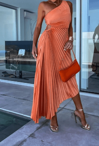 Women's One-Shoulder Pleated Evening Maxi Dress