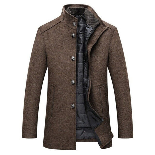 Men's Funnel Neck Wool Blend Overcoat with Quilted Lining
