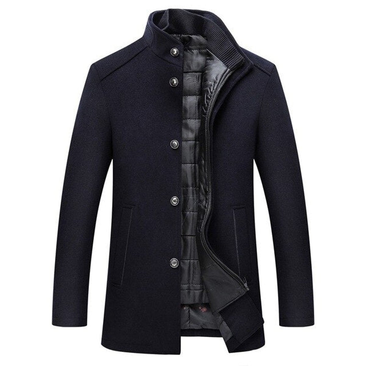 Men's Funnel Neck Wool Blend Overcoat with Quilted Lining