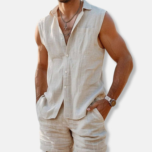 Men's Linen-Blend Sleeveless Shirt and Shorts Set