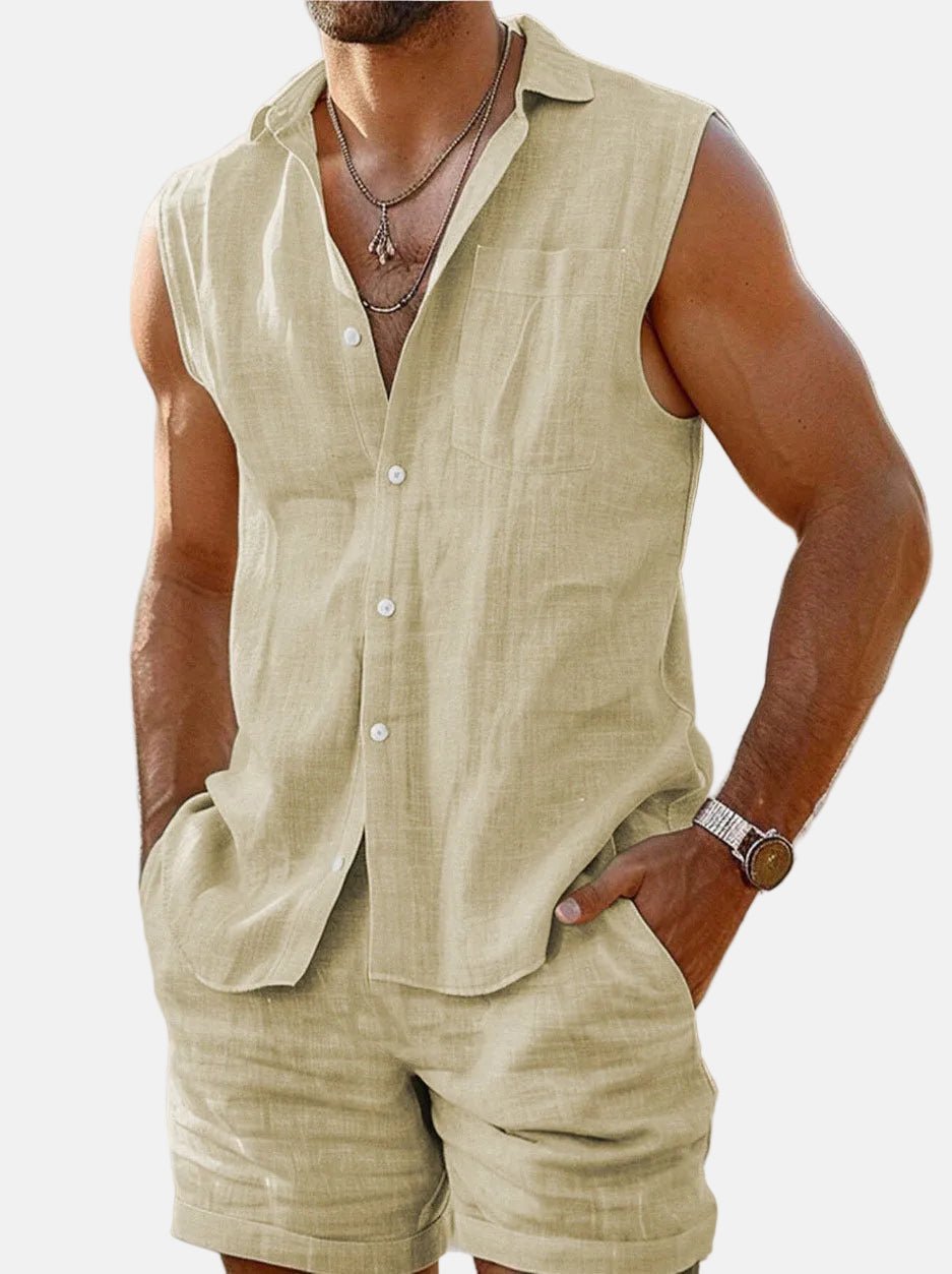 Men's Linen-Blend Sleeveless Shirt and Shorts Set